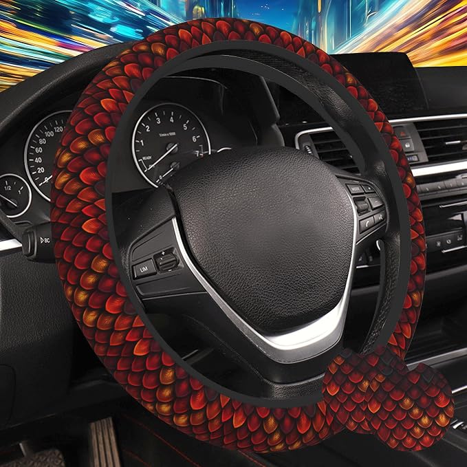 Red Dragon Scales Steering Wheel Cover for Women, Anti-Slip Car Steering Wheel Cover with 2 Pcs Cup Holders Neoprene Breathable Car Accessories Universal 15 Inch Auto Interior Decor