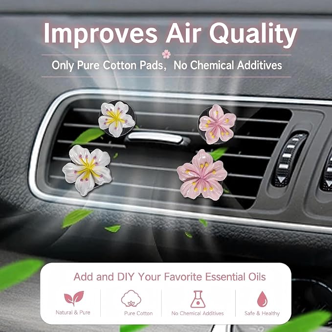 6Pcs Cute Car Air Freshener Vent Clips Flower Air Vent Clips for Fresheners Pink Hawaiian Hibiscus and Cherry Blossom Car Accessories Aesthetic Interior Decor for Women Peach Blossom