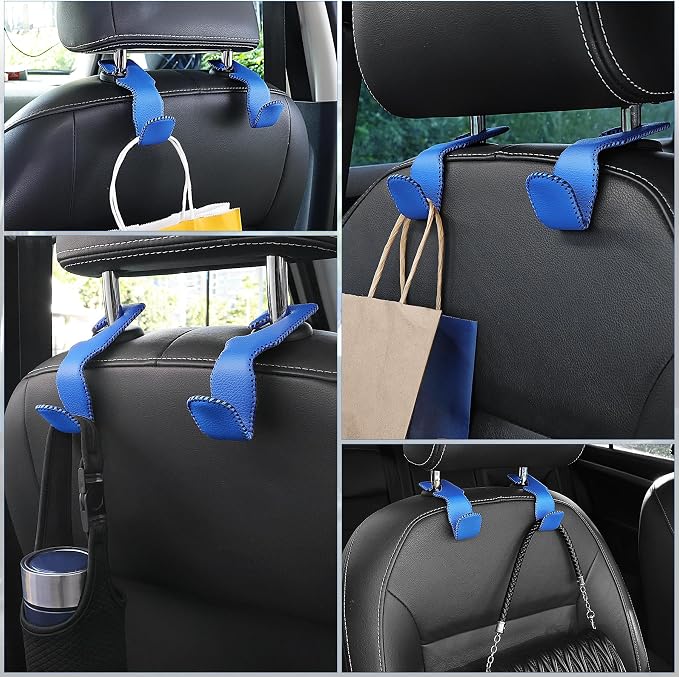 Blue Superior Leather Car Seat Back Headrest Hook, Auto Seat Hook Hangers Interior Accessories for Purse Coats Umbrellas Grocery Bags Handbag, 2-Pack