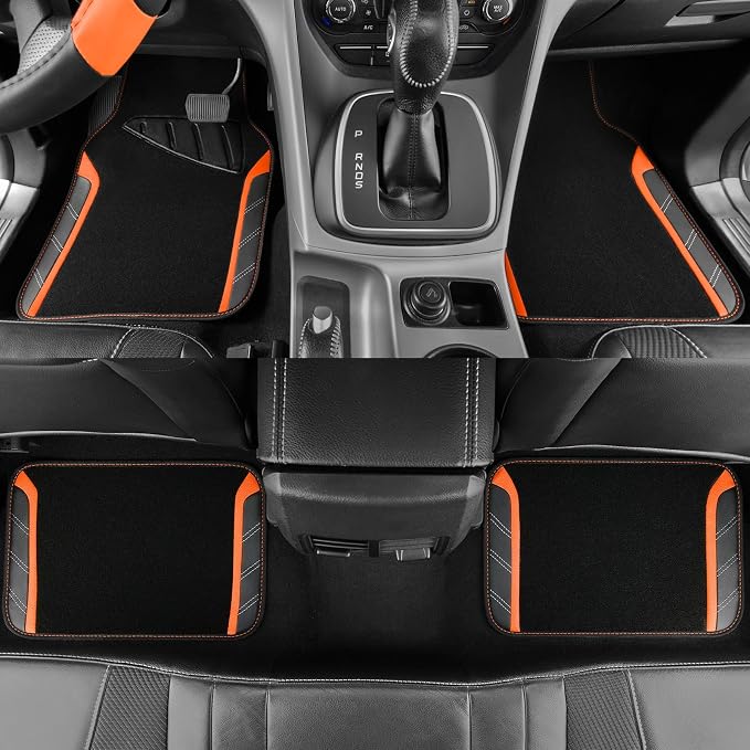 Leather Steering Wheel Cover and Waterproof Car Floor Mats,Microfiber Universal Car Combo Fit for 95% Sedan SUV Van Truck,14.5-15inch Sporty Anti-Slip Safety Comfortable Design, Black＆Orange