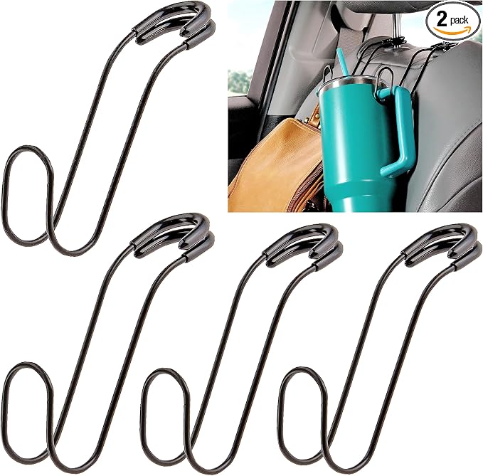 Metal Car Hooks for Purses and Bags - Unbreakable Headrest Car Hooks for Large Purse Straps and Heavy Bags up to 40 lbs - Secure Attachment Loops Fit All Headrest Posts (Single Hook 4-Pack)