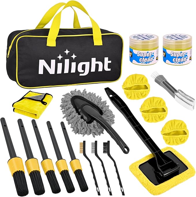 15PCS Car Detailing Kit Auto Cleaning Tools Wash Set with Storage Carry Bag Beginners Easy to Use for Interior Exterior Car Care Clean Windshield Dashboard Seat Air Vents Wheels Tires, Yellow