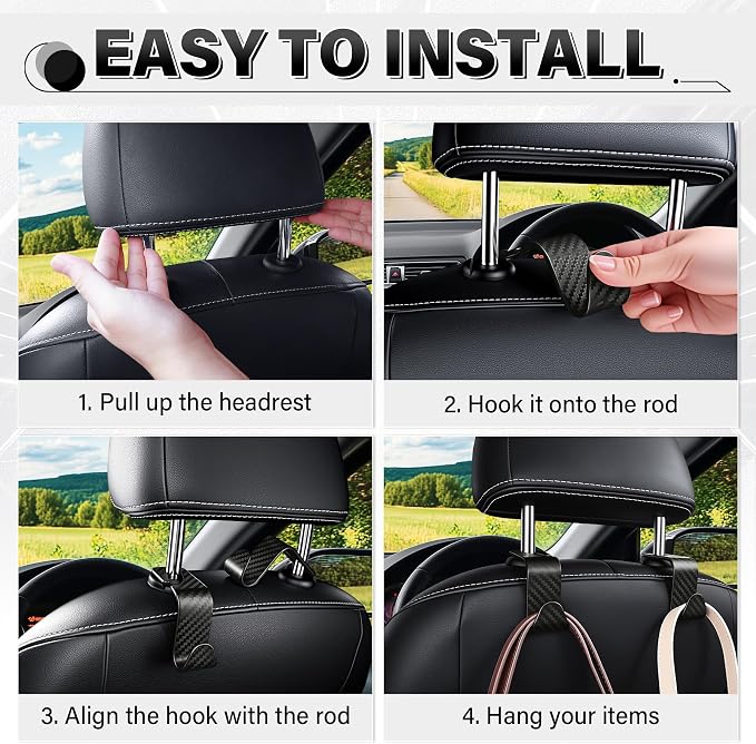 Universal 4 Pack Car Seat Headrest Purse Hook, Carbon Fiber Back Seat Hook Storage Organizer Hanger for Purse Handbag Coat, Car Interior Accessories(Black)