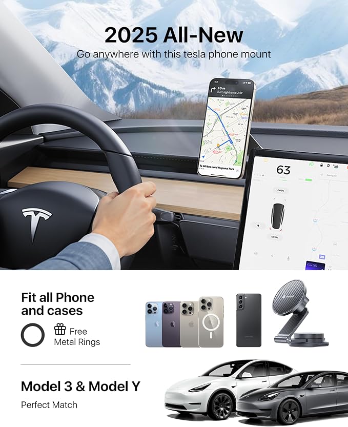 3rd Gen Tesla Phone Mount 【Upgrade Adhesive & Upgrade Stongest Magnet】 Phone Holder for Tesla New Model Y Juniper Model 3, 360° Adjustable Tesla Phone Holder fits iPhone 17 16 15 14 Pro Max