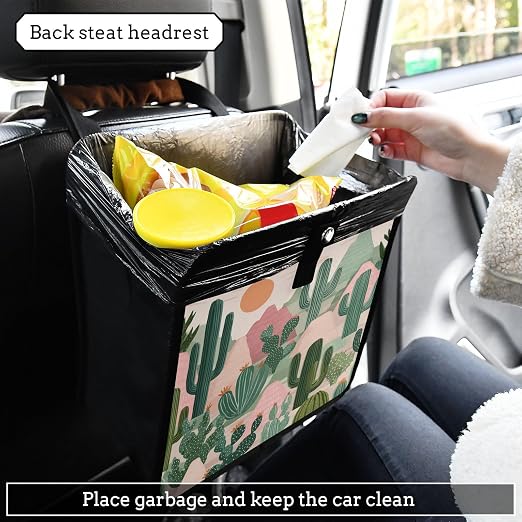 Car Trash Can Organizer Bin with Adjustable Strap for Back Front Seat Console Waterproof Leakproof Collapsible Portable 8.66 Inch Boho Cacti Mountains and Sun