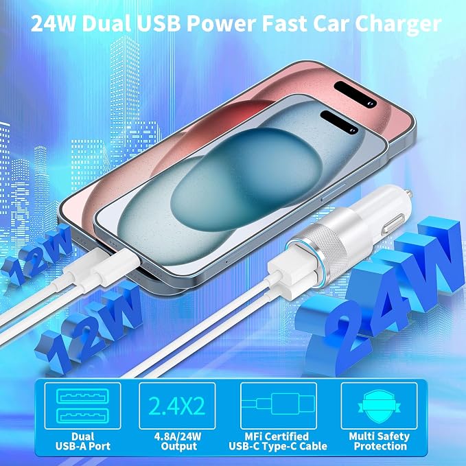 [Apple MFi Certified] iPhone 17 Car Charger, 2Pack 4.8A USB Power Cigarette Lighter USB-C Fast Car Charging + Type-C Cable for iPhone 17/17 Air/17 Pro/17 Pro Max/16/15/Galaxy S26/S25/Pixel