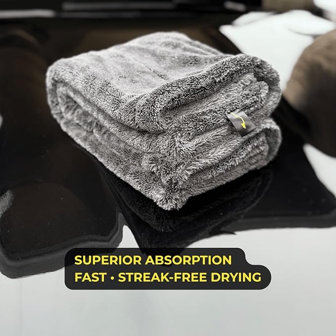 Sleek Max Dry 2000GSM Car Drying Towel 20x31, Black | Ultra-plush twist-loop microfiber, maximum absorption, soft on paint, double-sided, cars, trucks, SUVs & full-vehicle drying