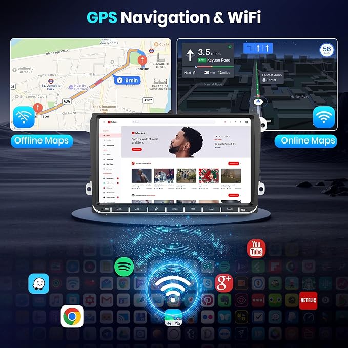 2G+64G for VW Passat Tiguan Golf Jetta T5 EOS Polo Skoda Android Car Stereo with Wireless Carplay Android Auto, 9“ Touch Screen Bluetooth Car Radio Support GPS Navigation WiFi FM SWC+Backup Camera