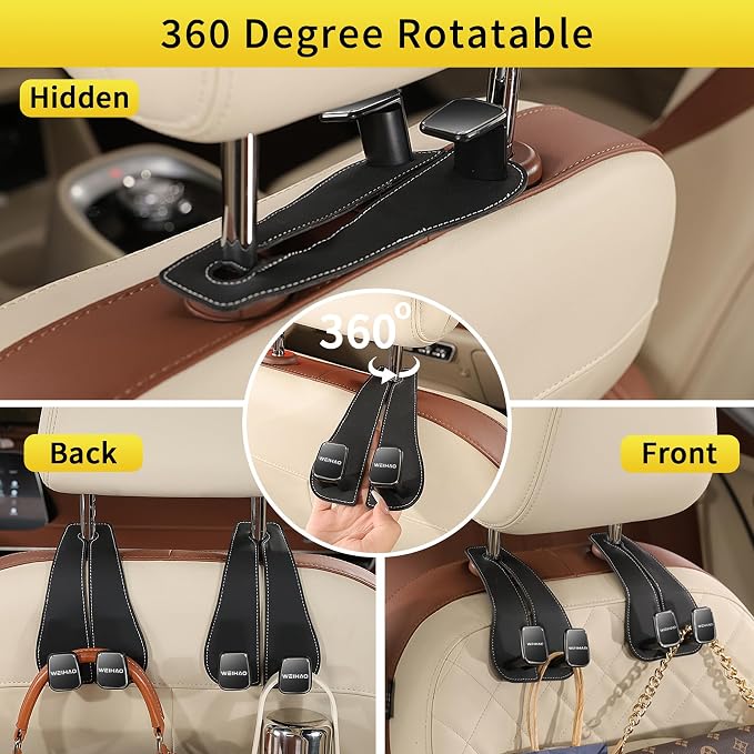 Wide Purse Hook for Car, Twin Hook Leather Car Headrest Hangers, Car Seat Back Storage Hook, Headrest Hooks Purse Bag Holder for Car Universal Fit Sedan Trucks SUVs Most Vehicles (Black-4PCS)