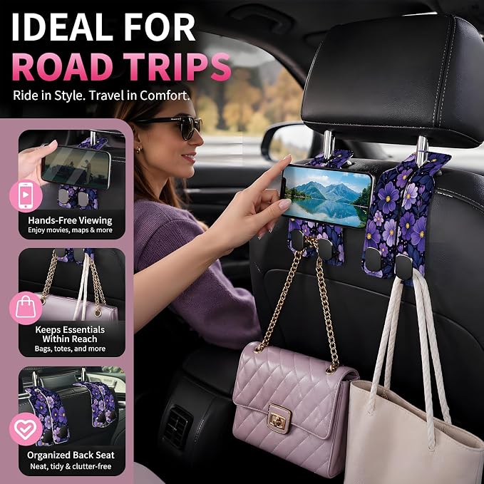 Car Seat Back Storage Hook, Funny Car Purse Hook, Cute Vehicle Storage Organizer for Purses Handbags Purple Flower Pattern