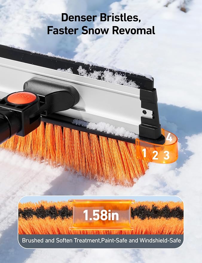 47.2" Ice Scrapers for Car Windshield, 3 in 1 Sturdy Snow Brush with Squeegee, 10 Adjustable Length Settings, Extendable Aluminum Handle, 180° Pivoting Snow Scraper for Car, Truck, SUV(Orange)