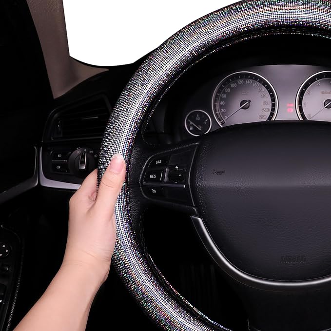 Bling Steering Wheel Cover, Bling Crystal Rhinestone Car Steering Cover Universal 14.2-15.3 inch Glitter Car Wheel Cover Sparkling Accessories （Black Silver）