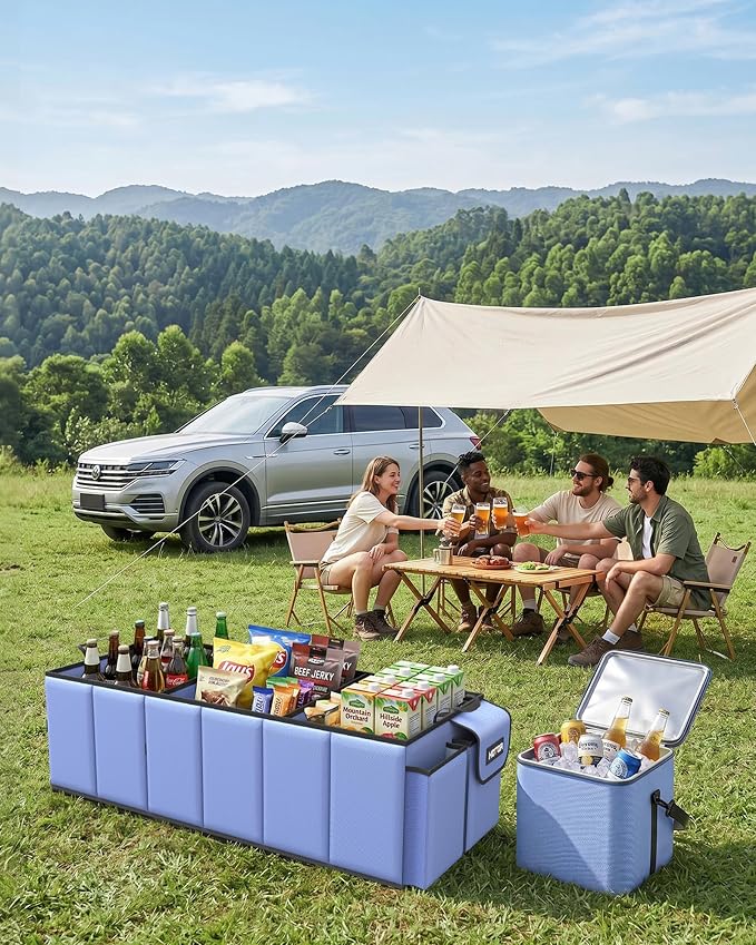 Trunk Organizer, Sturdy Foldable with Cooler for Car & SUV, 3 Compartments, Blue, 30.90”×12.60”×10.63”