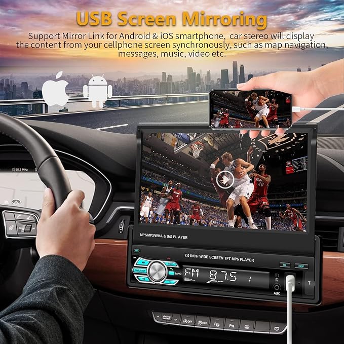 Single Din Carplay Car Stereo with Bluetooth AHD Backup Camera, 7 Inch flip Out Touch Screen Car Radio MP5 Player Support Android Auto, Mirror Link, USB, TF, FM Radio, Aux-in, SWC