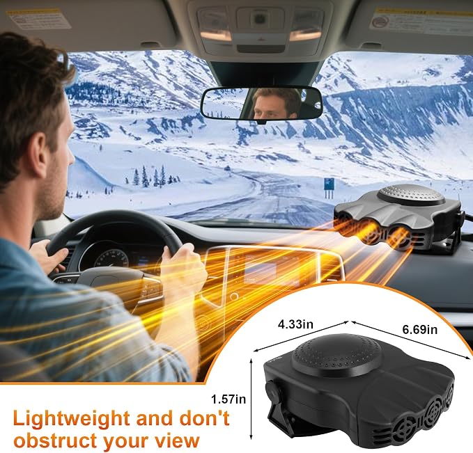 Portable Car Heater - Car Defroster for Vehicle, 150W Automotive Heater Fan with 180° Swivel Bracket, 3 Outlets for Wide Heat Distribution, for All 12V Vehicles (Black)