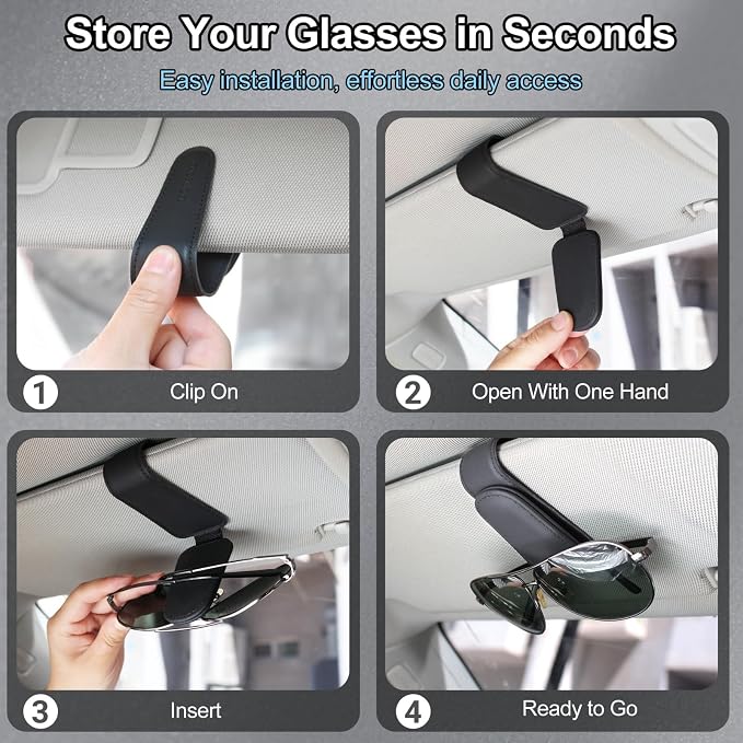 CHOSMOYI 2 Packs Sunglasses Holder for Car, Sunglass Clip for Car Visor, Magnetic Leather Car Eyeglass Holder and Ticket Card Clip, Suitable for Different Size Eyeglasses(Black