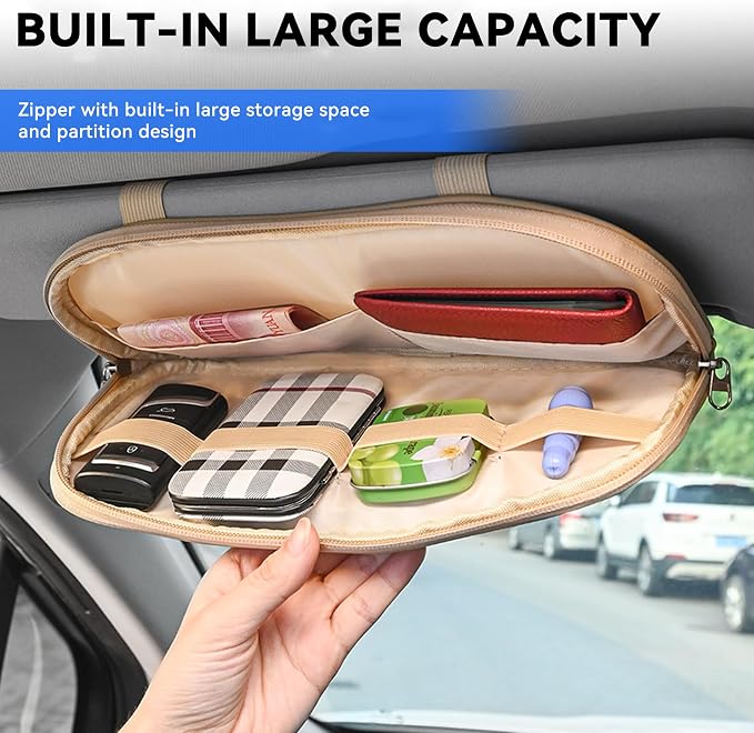 Car Sun Visor Organizer, Sunglass Holder and Storage Pocket, Card Cash Pouch with Multi-Pocket Net Zipper, Case Bag for License Pen Key, Auto Accessories for Truck, SUV, Van (Gray)