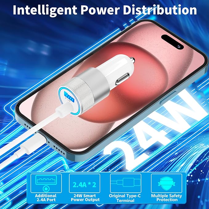 [Apple MFi Certified] Phone 16 Car Charger Fast Charging, Caiinei 4.8A USB Power Cigarette Lighter USB-C Car Carplay Fast Charger + 6FT Type-C Cable for iPhone 16 Pro/16 Plus/16 Pro Max/15/15 Pro/iPad