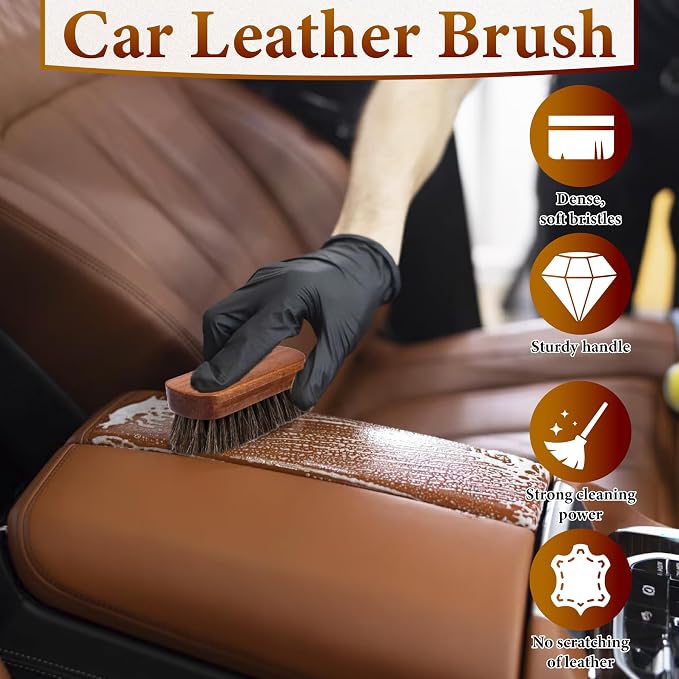 2 PCS Leather Brush Car Detailing, Horse Hair Brush, Car Cleaning Supplies, Car Interior Brush, Carpet Brush for Car Detailing, for Car Accessories Interior, Carpet, Upholstery, Furniture and Shoes