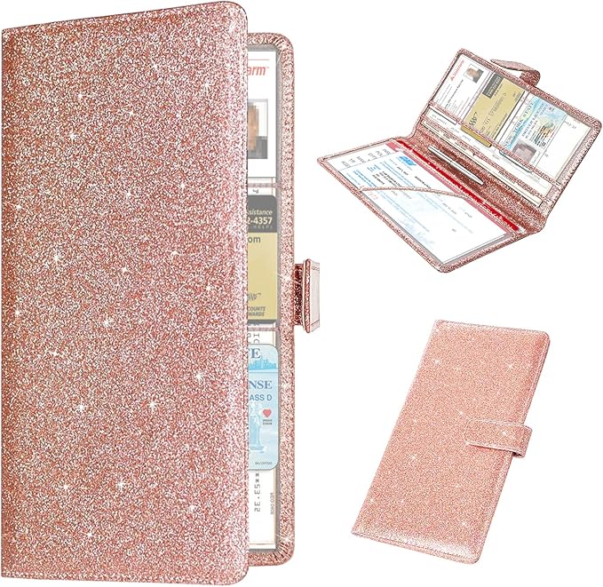 Car Registration & Insurance Holder, Vehicle Glove Box Organizer, Cool Accessories for ID, Driver License Cards & Essential Documents, Glitter Rose Gold