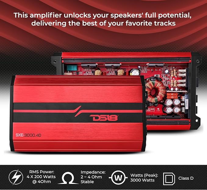 SXE-3000.4D/RD Car Amplifier Stereo Full-Range Class D 4-Channel 200x4 RMS @4 OHM 3000 Watts - Powerful and Compact Amp for Speakers in Car Audio System