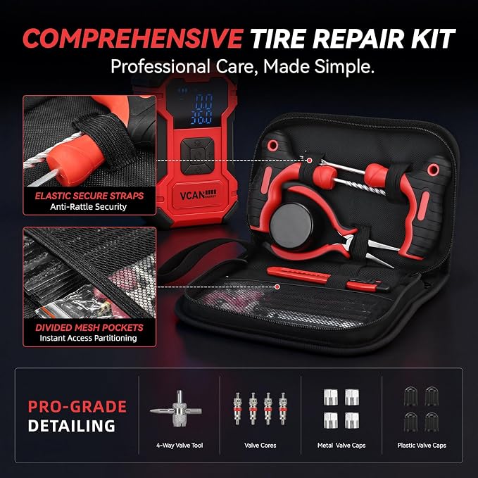 Flat Tire Repair Kit with Air Compressor, 150PSI Portable Air Pump with Auto-Stop & LED, Heavy Duty Tire Plug Kit for Car, SUV, Truck, Jeep, Motorcycle, Roadside Emergency Assistance（Red)