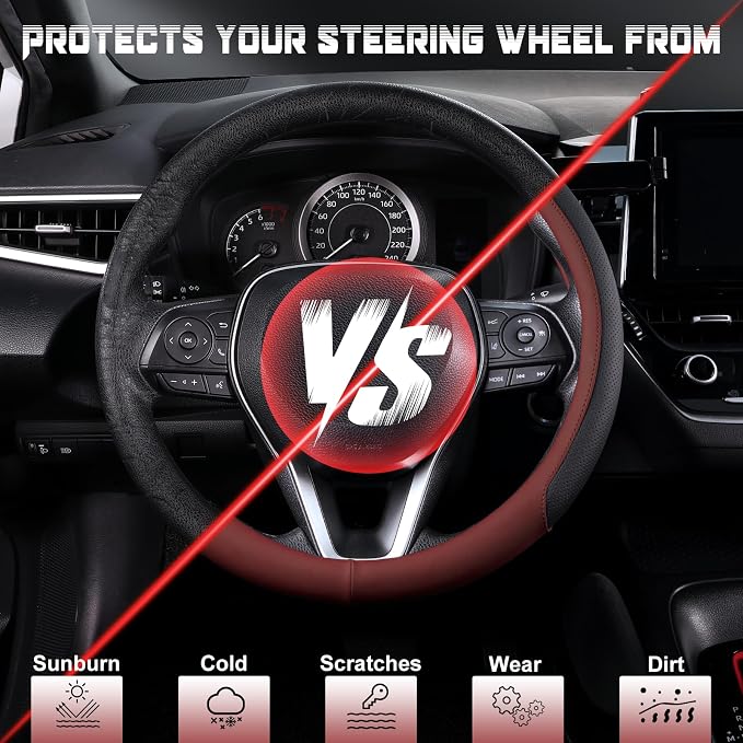 Steering Wheel Cover for 14.5-15 inch Wheels, Breathable PU Leather with Perforated Sides, Anti-Slip Grip, Universal Fit for Cars & SUVs, Black and Burgundy