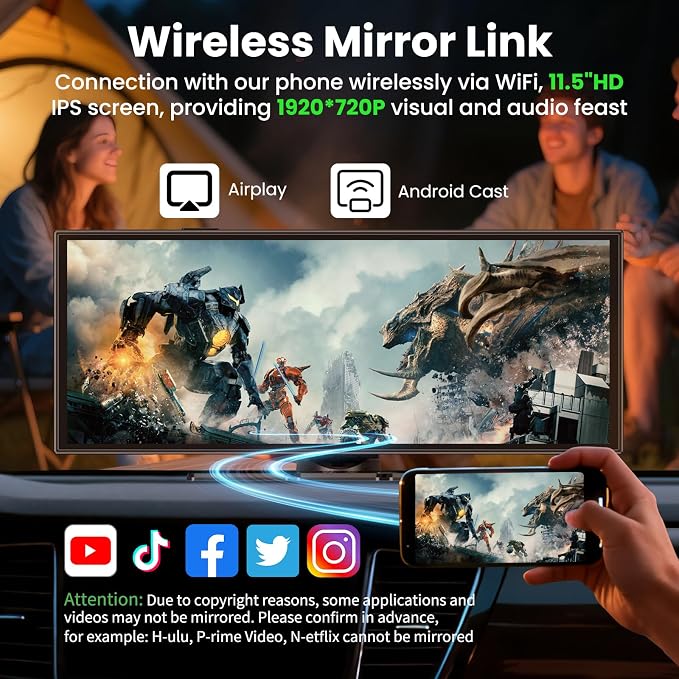 11.5 '' Wireless CarPlay Screen for Car, A-pple CarPlay & Android Auto HD Touchscreen with 4K Dash Cam/1080P Backup Camera/Navigation/Bluetooth/Voice Control/FM/Mirror Link,for All Vehicles