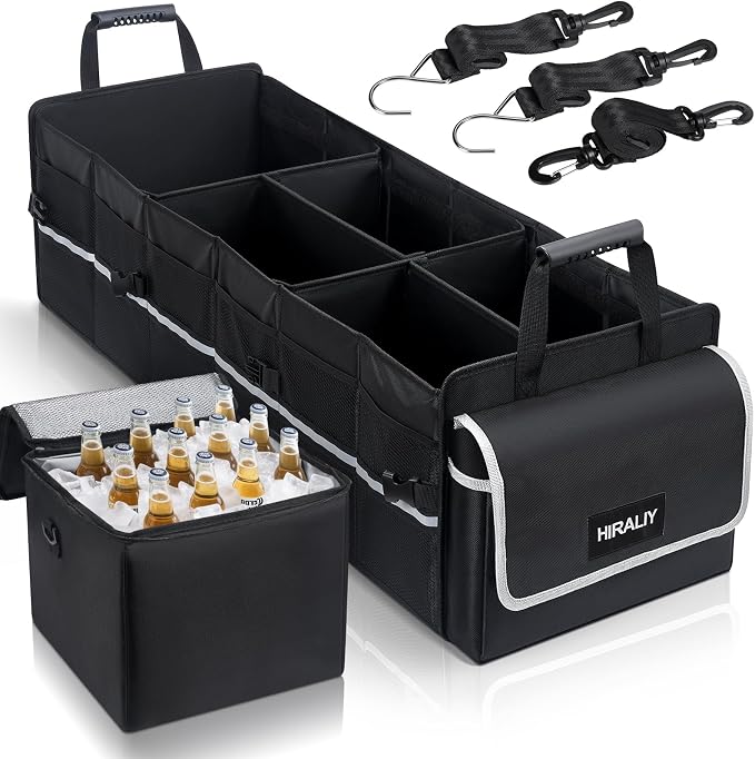 4 in 1 Car Trunk Storage Organizer with Leakproof Cooler Bag, Made of 1680D Oxford and PP board, Multi-Compartment Foldable Trunk Storage Box for Car Truck SUV