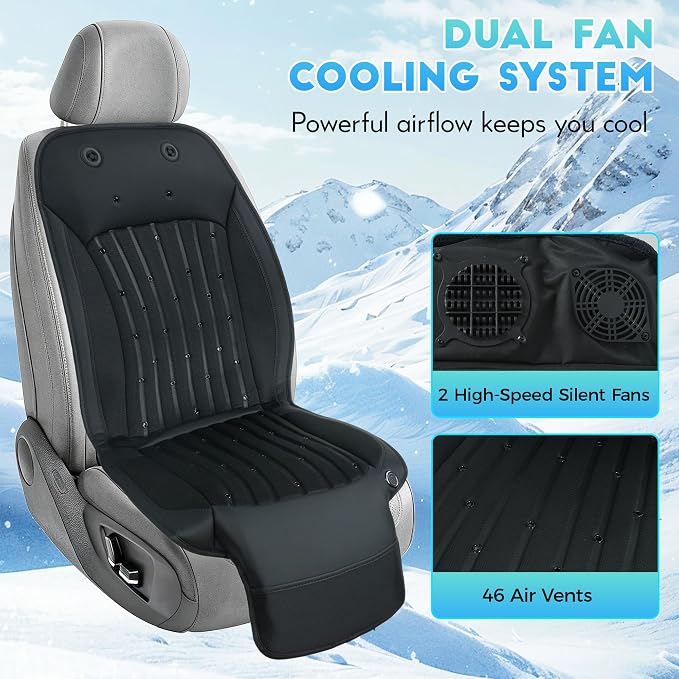 Cooling Car Seat Cover Front Driver Seat,Universal 12V Ventilated Car Seat Cushion with Smart Auto On/Off, Breathable Mesh & Leather AC Seat Protector, Cooling Fan Seat Cover for Car SUV Truck,Black