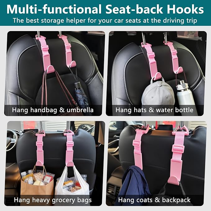 Headrest Hooks for Car Adjustable 4 Pack Vehicle Seat Back Organizer Storage Hanger Holder for Purse Bags Universal Fit with Clip Pink