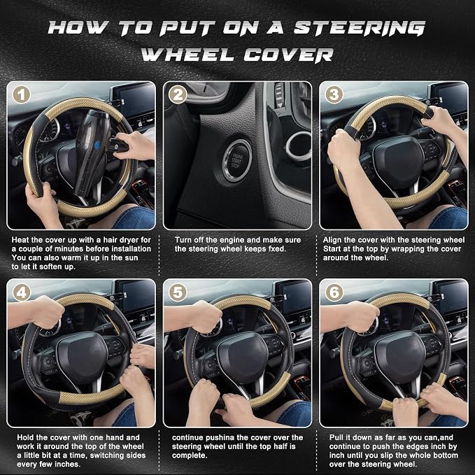Steering Wheel Cover for Car, Standard Size 14.5-15 inch, Auto Interior Accessories, Black with Golden Carbon Fiber Pattern