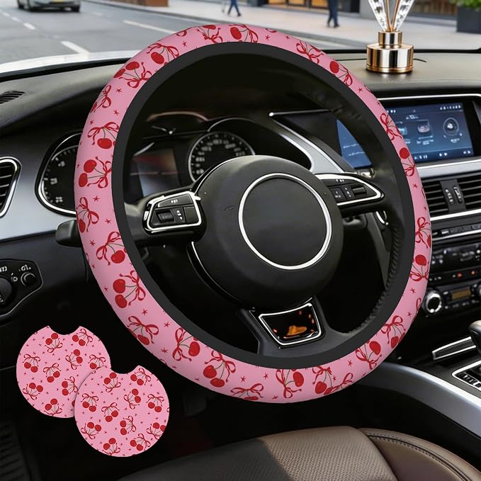 Cherry Steering Wheel Cover,Red Bow with Cherry 2 PCS Car Coasters Pink 14.5-15 Inch Neoprene Steering Wheel Cover,Anti-Slip Breathable Car Accessories Fits Auto Interior Decor