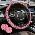 Cherry Steering Wheel Cover,Red Bow with Cherry 2 PCS Car Coasters Pink 14.5-15 Inch Neoprene Steering Wheel Cover,Anti-Slip Breathable Car Accessories Fits Auto Interior Decor