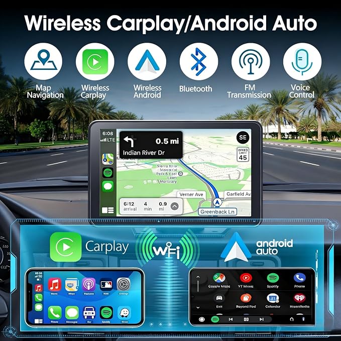 Carplay Screen for Car, 7" HD Wireless Apple CarPlay & Android Auto, Portable Car Stereo Touchscreen with Bluetooth, Mirror Link, Voice Control, Backup Camera, GPS Navigation, AUX, Fits All Vehicles