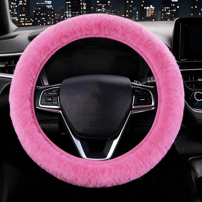 Furry Car Steering Wheel Cover, Heat Absorbing Fluffy Cover, Soft Warm Plush Non-Slip, 14 1/2-15 inch, for Women Girls, Pink