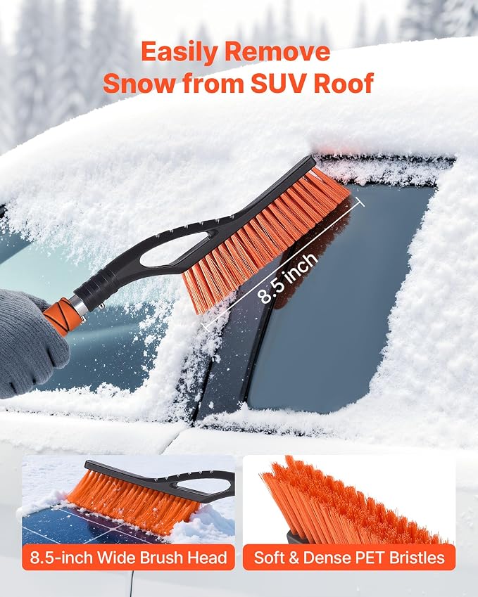 Snow Brush and Ice Scrapers for Car Windshield, 27-inch Aluminum Snow Scraper Removal Tool with Foam Grip & Scratch-Free Bristles, Detachable and Easy-to-Carry for Cars, Trucks, SUVs, RVs