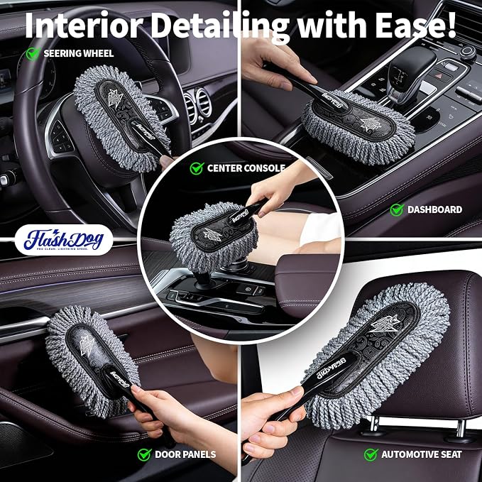 Car Duster Exterior with Car Duster Interior | Wax Cotton Hair Scratch Free Cleaning for Cars, SUVs, Trucks | Waterless Dust Remover & Detailing Brushes Set with Storage