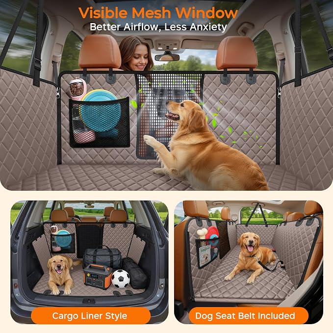 XL Dog Backseat Extender for Full-Size Crew Cab Truck, Hard Bottom Dog Car Seat Cover for Back Seat Holds 400lbs, Waterproof Dog Hammock Pet Rear Seat Protector Travel Bed for F150 / Silverado