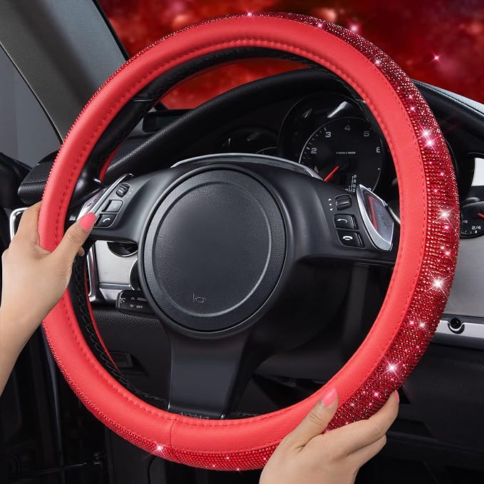 Bling Diamond Leather Steering Wheel Cover, with Bling Sparkly Crystal Glitter Rhinestones Universal Fit 14" 1/2-15" Car Wheel Protect for Women Girl Fit Suvs,Vans,Sedans,Cars,Trucks, Red