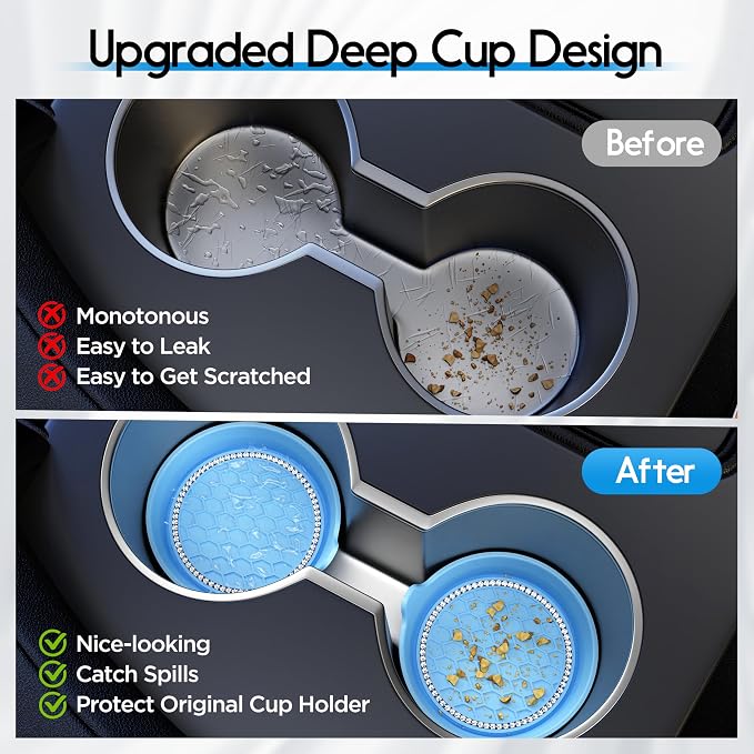 Car Cup Coaster Universal Non-Slip Cup Holders Bling Crystal Rhinestone Car Interior Accessories 2 Pack Light Blue