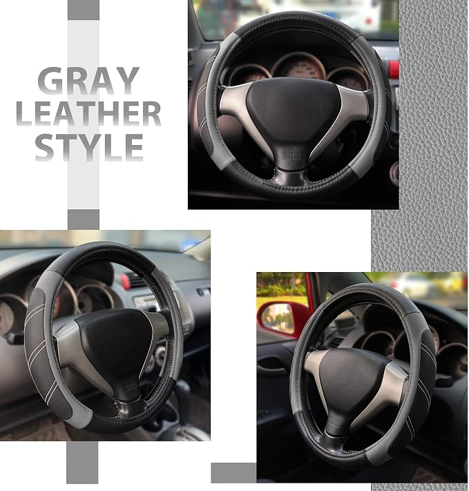 Leather Large Steering Wheel Cover 15 1/2 to 16 inch Soft Grip Breathable for Car Truck SUV Jeep Anti Slip Black and Gray