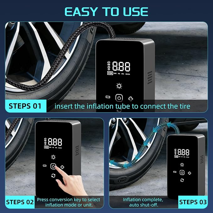 Portable Air Compressor Tire Inflator with Digital Pressure Gauge, LED Lights & Auto Shut-Off Function, Cordless Tire Air Pump with 12V DC Car Plug for Car, Motorcycle, Bicycle, Ball