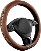 Steering Wheel Cover - Flat Bottom Wheel Cover Made with PVC Leather and Leopard Fabric - Universal Fit for 15-Inch D-Shaped Automotive Steering Wheels (Brown Color)