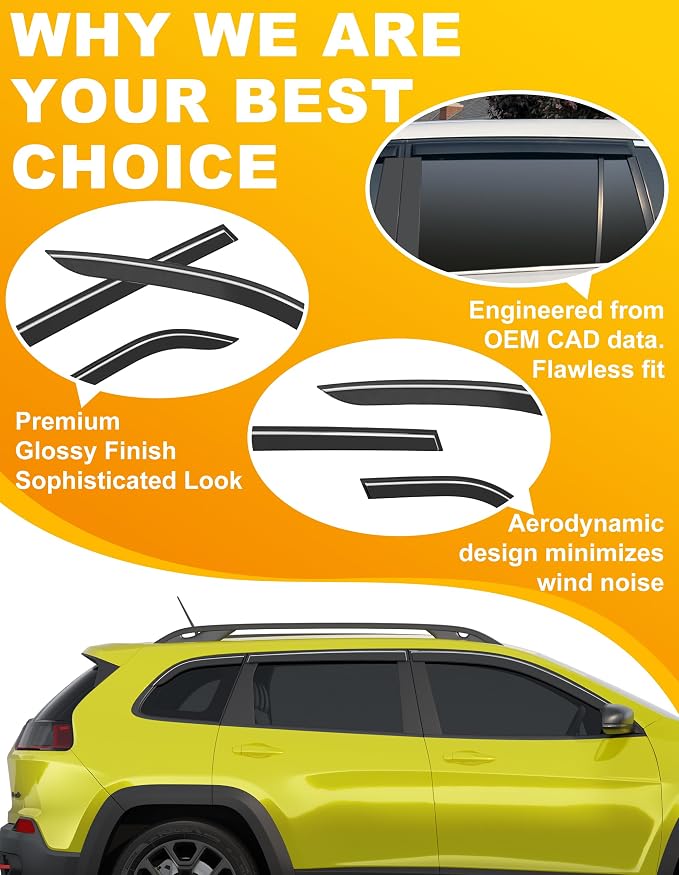 6-pcs Low-Profile Window Rain Guard for 2014-2023 Jeep Cherokee Rain Guards Side Window Visors Extra-Thick Vent Visor Window Deflectors Tape-on Vent Shades Car Accessories