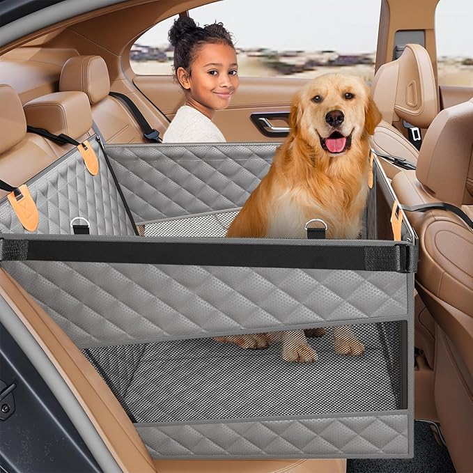 Large Dog Car Seat, Back Seat Extender for Dogs with 3 Mesh Windows, Waterproof Medium Carseat for Dogs with Hard Bottom, Pet Seat Cover for Cars, Trucks and SUVs