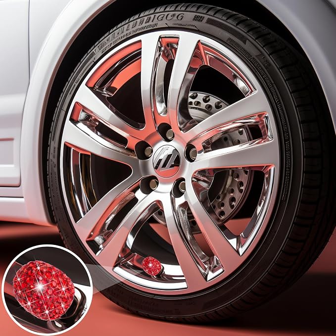 4PCS Bling Crystal Diamond Tire Stem Valve Caps, Dustproof Car Wheel Tire Valve Caps Universal Tire Valve Stem Covers for Cars, SUV, Trucks, Bikes, Motorcycles, Bicycles (Red)