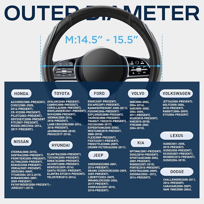 Car Steering Wheel Cover - Microfiber Leather Steering Wheel Wrap Sports 14.5-15 Inch Steering Wheel Cover Non-Slip for Men Women Grey Color