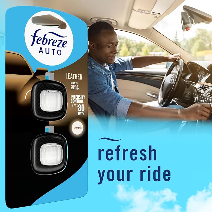 AUTO Air Freshener, Odor-Fighting Automotive Vent Clip, Scented Car Accessories, Long Lasting for Strong Odors, Leather, 2 Count