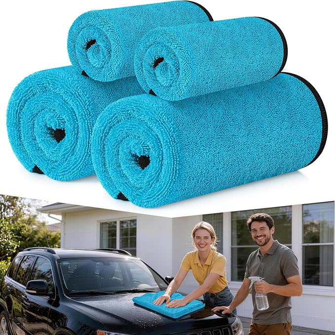 4 Pack Twisted Loop Car Drying Towel, Microfiber Towels for Cars 24"x36", Reusable Shammy Quick Dry Cloth for Auto, Boat, Kitchen, Windows & Bathroom（Blue）